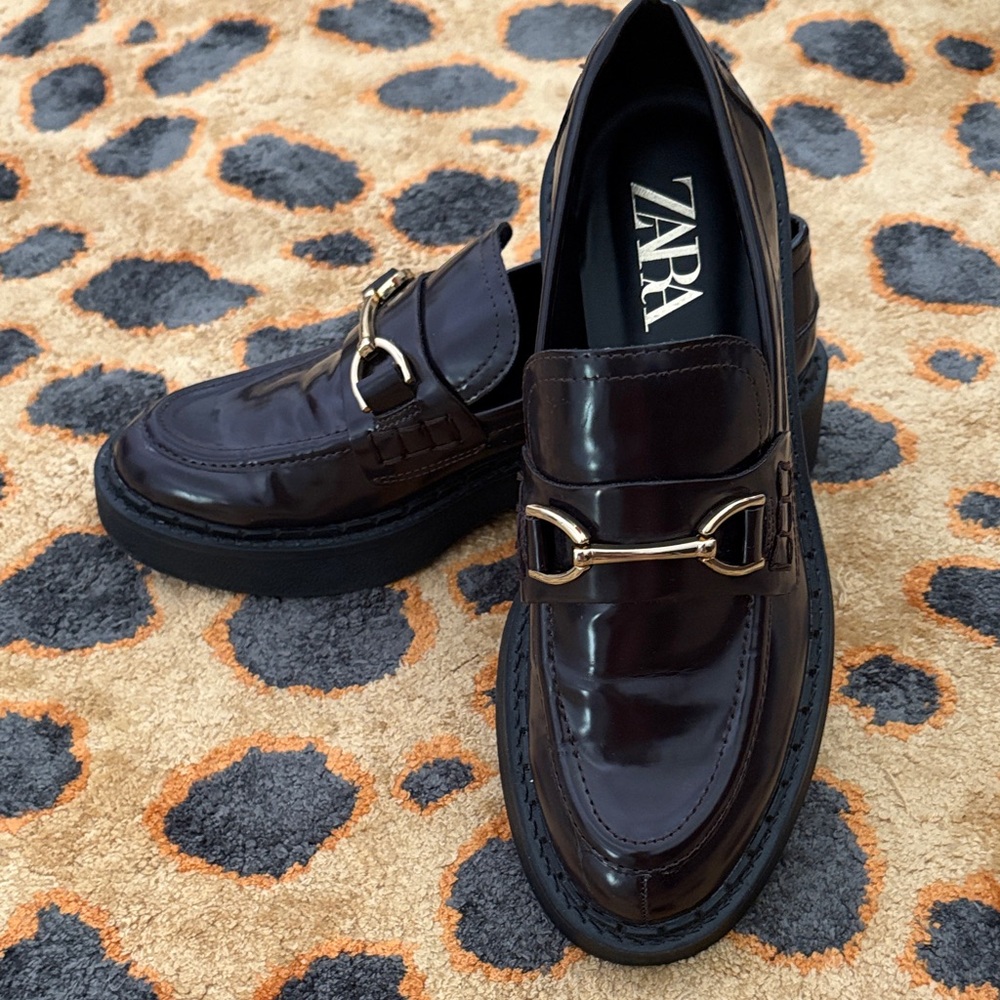 Zara Woman’s Dark Burgundy Loafers with Gold Accent